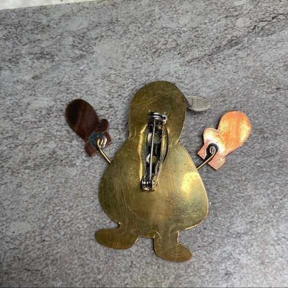 Whimsical Metal Snowman Brooch | Mixed Metal Holiday Pin - Picture 5 of 6